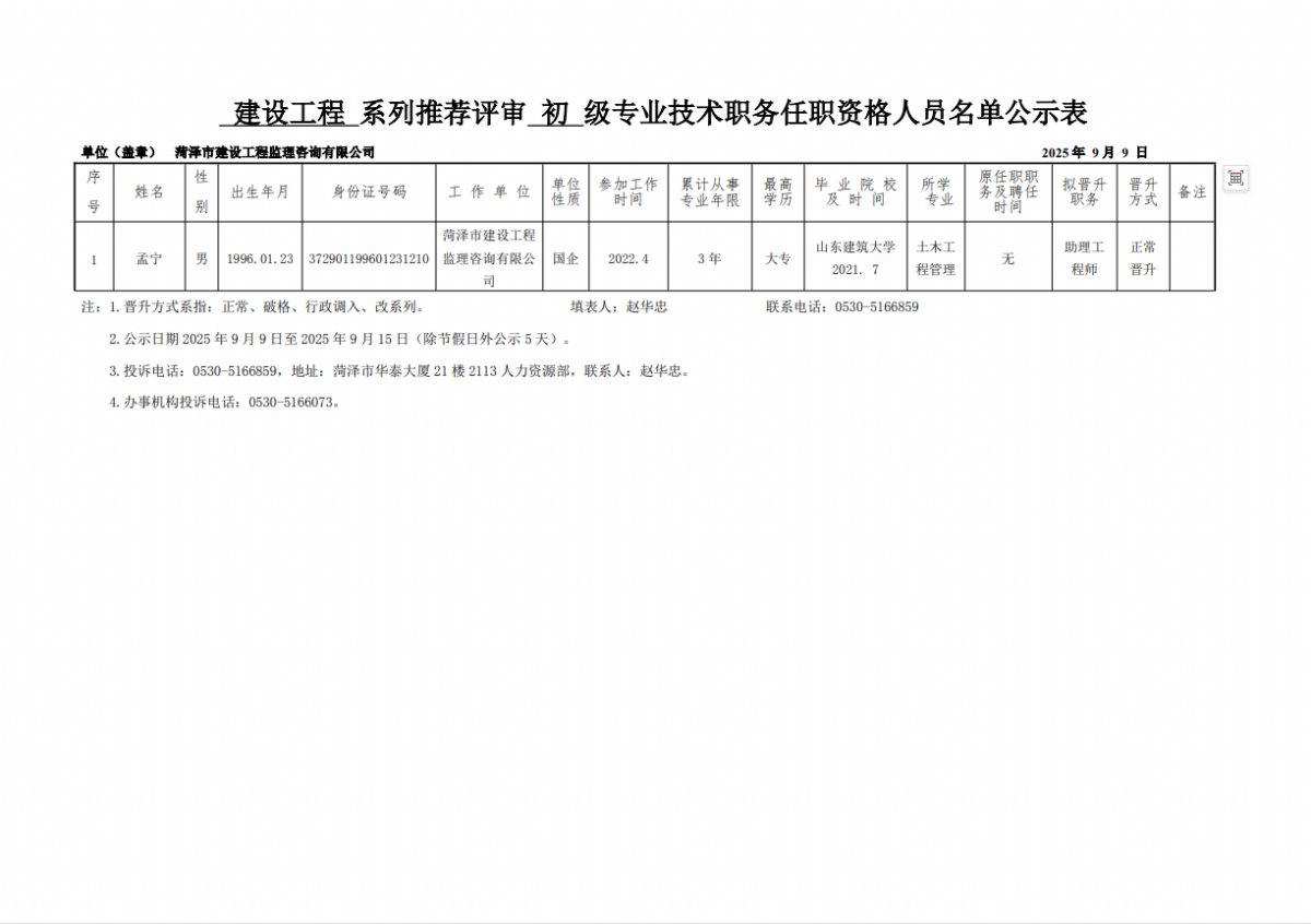 2025年申報評審系列推薦評審初級專業(yè)技術(shù)職務(wù)任職資格人員名單公示表